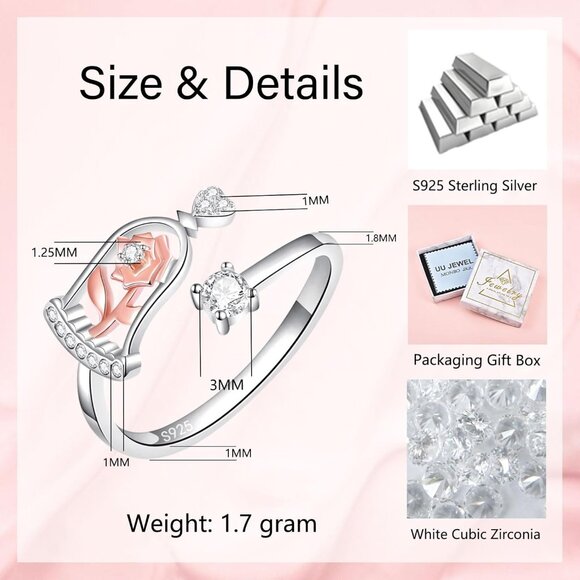 🆕 Women Silver Beauty Beast Rose Ring Sterling Adjustable Teen Jewelry Gifts - Picture 4 of 5